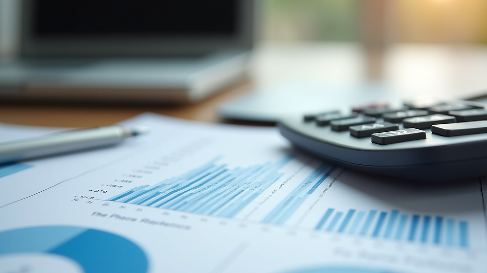 Close-up view of a financial report and calculator on a desk
