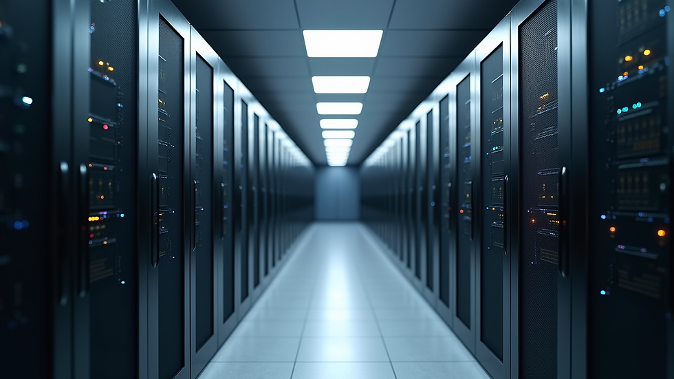 Eye-level view of a modern office server room with racks of servers