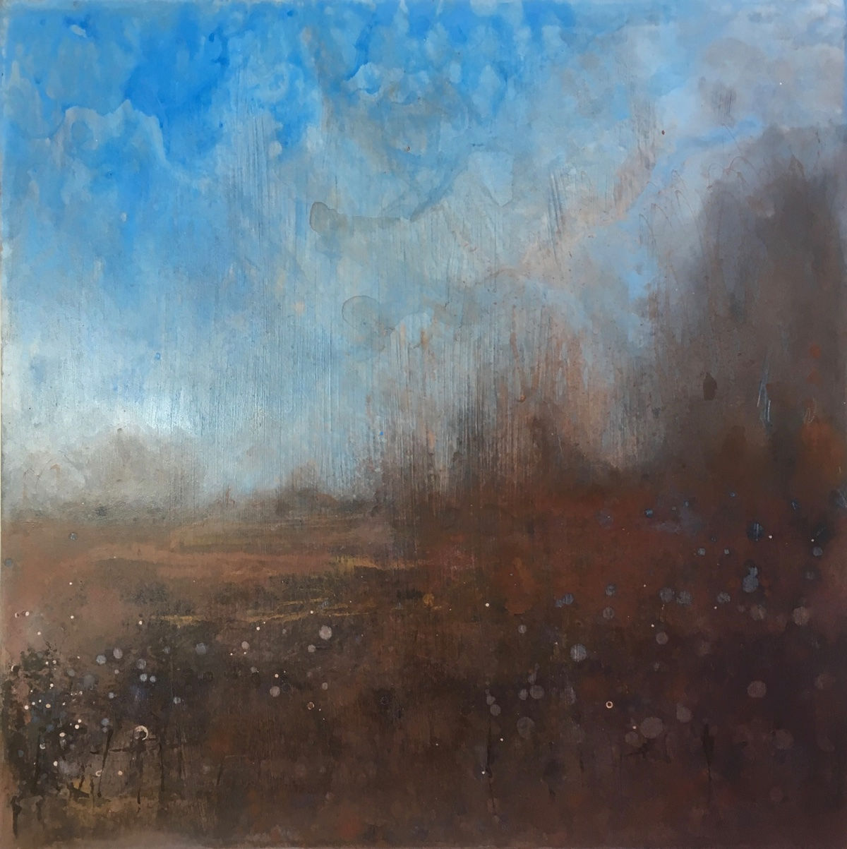 winter landscape, 50 x 50 painting, blue skies,  treescape, winter art, winter fields, sussex landscape