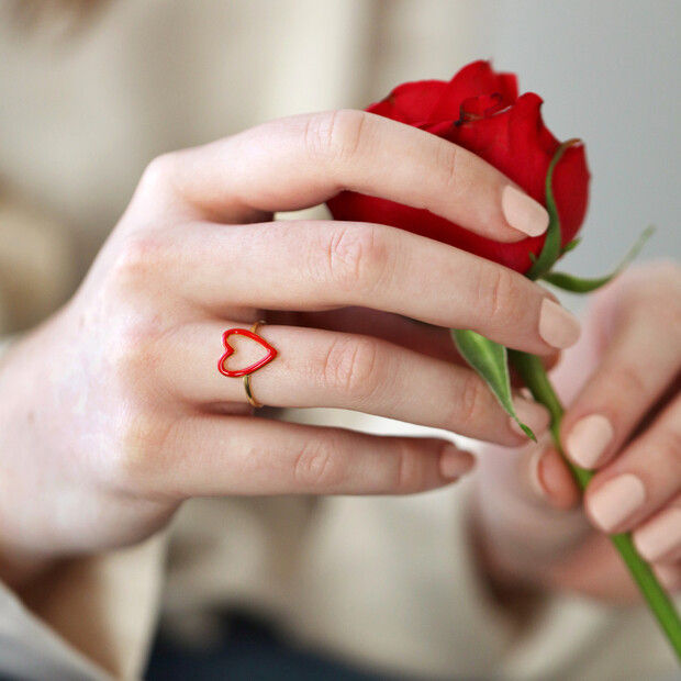 Gold Sterling Silver Red Enamel Heart Outline Ring