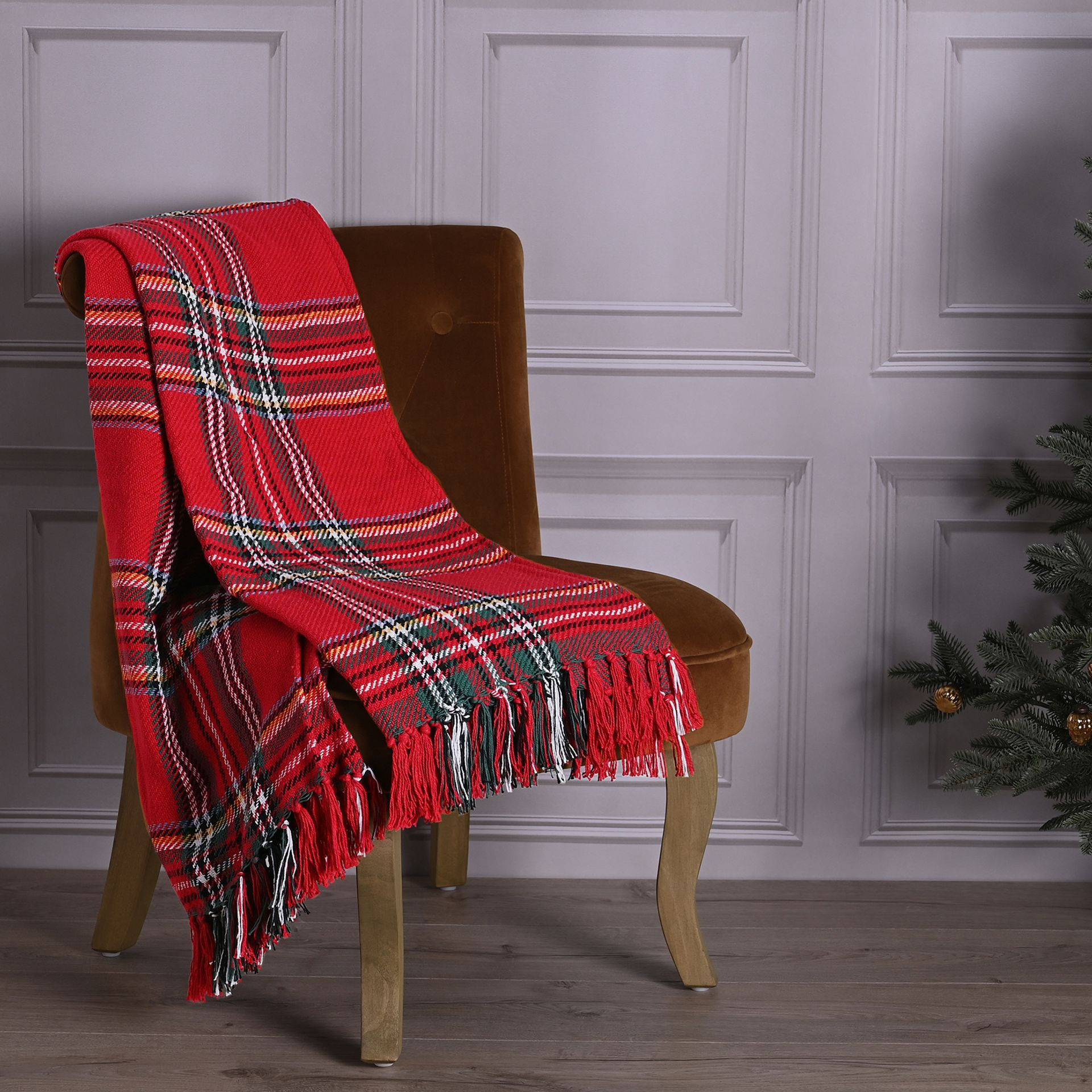 RED TARTAN WOVEN CHECKED COTTON THROW 125CM X 150CM
