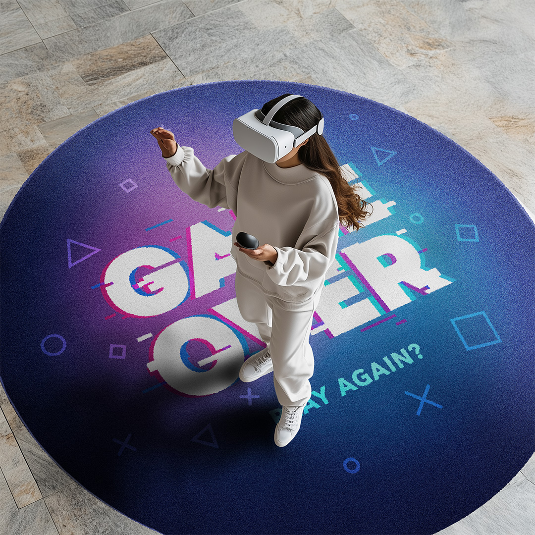 Printed gaming and VR floor mat marking the play area
