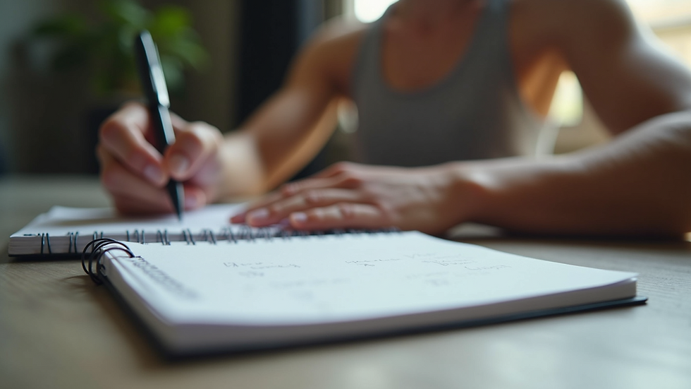 Eye-level view of a person writing fitness goals in a notebook