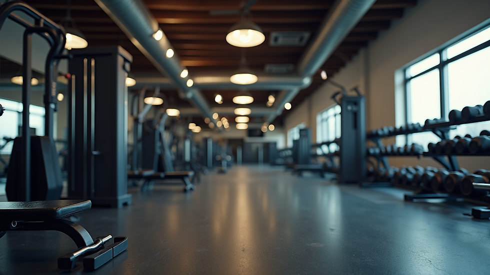Wide angle view of personal training equipment set up in a gym