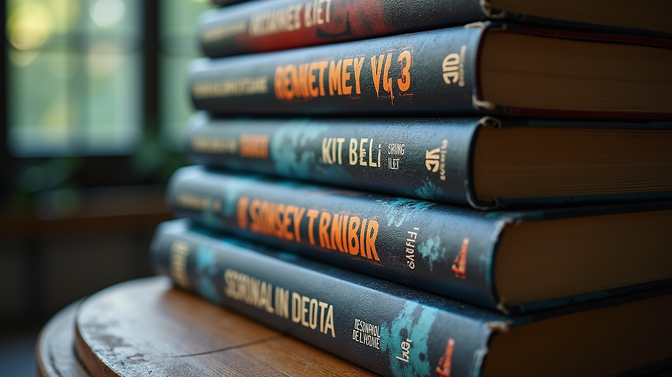 Close-up view of a stack of thriller novels with urban-themed covers