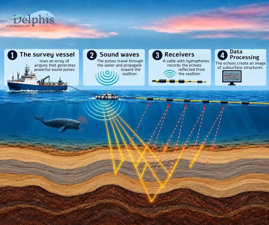 How a marine seismic survey is conducted. AI-generated illustration.