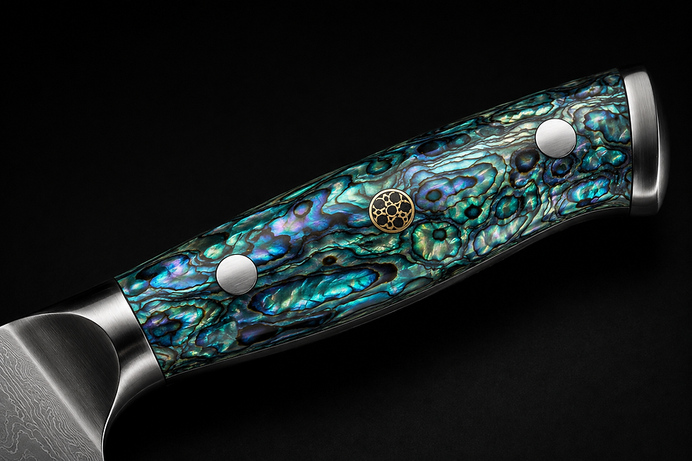 Close-up of patterned handle on VG10 Damascus 8-inch chef knife