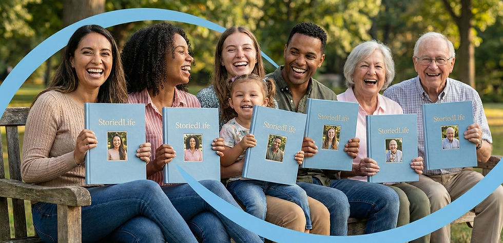Happy group on a bench holding "StoriedLife" books with personal photos. They're outdoors, smiling, with a bright, lush background.