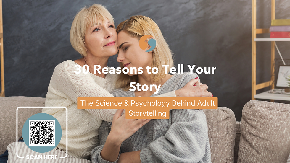 Infographic illustrating the benefits of storytelling for adults, including stress reduction and memory preservation