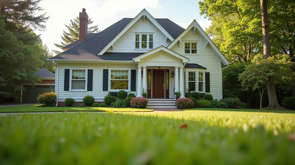 Eye-level view of a charming suburban house with a well-kept lawn