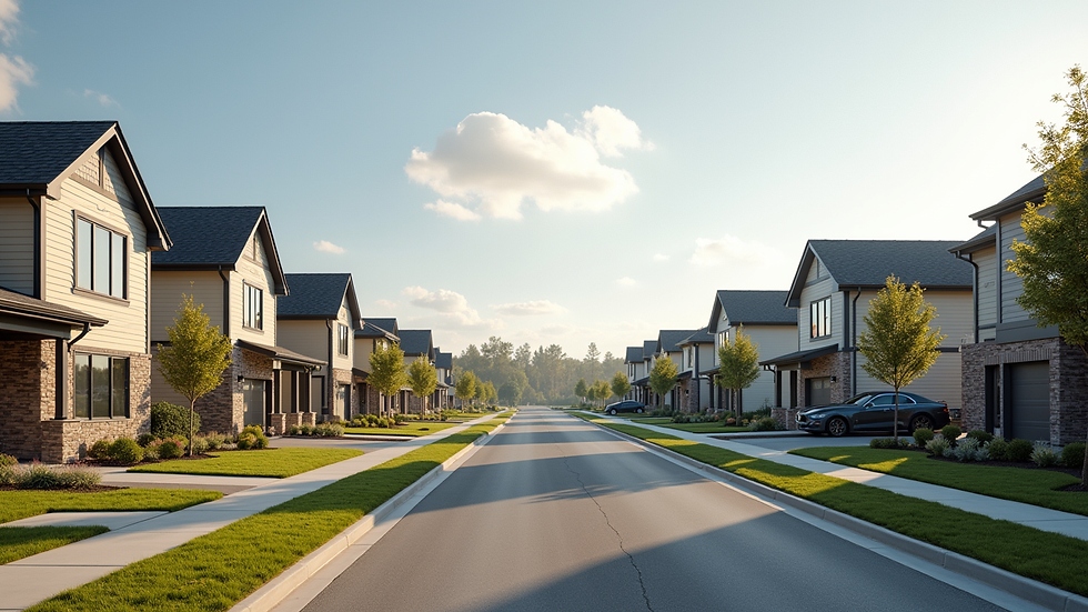 Wide angle view of a newly built residential neighborhood in Altoona with modern homes
