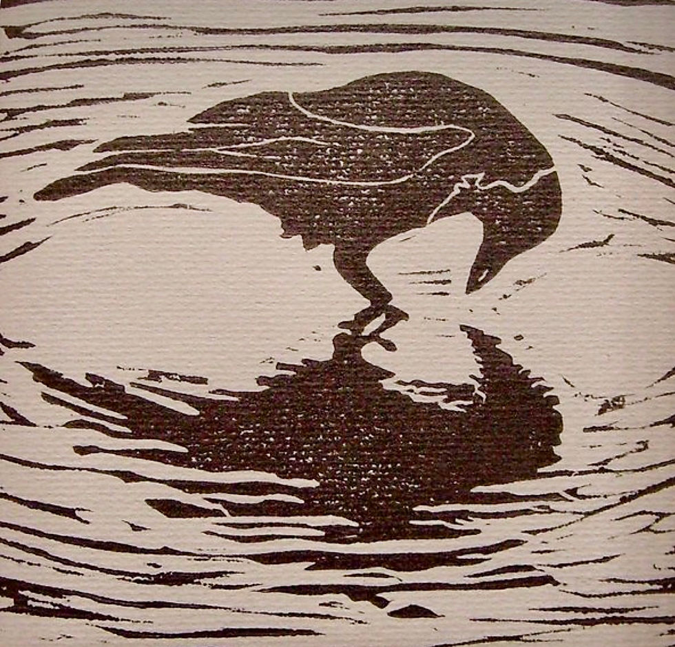 Block print of crow looking at its reflection in water. Artist: Anna Heruth
