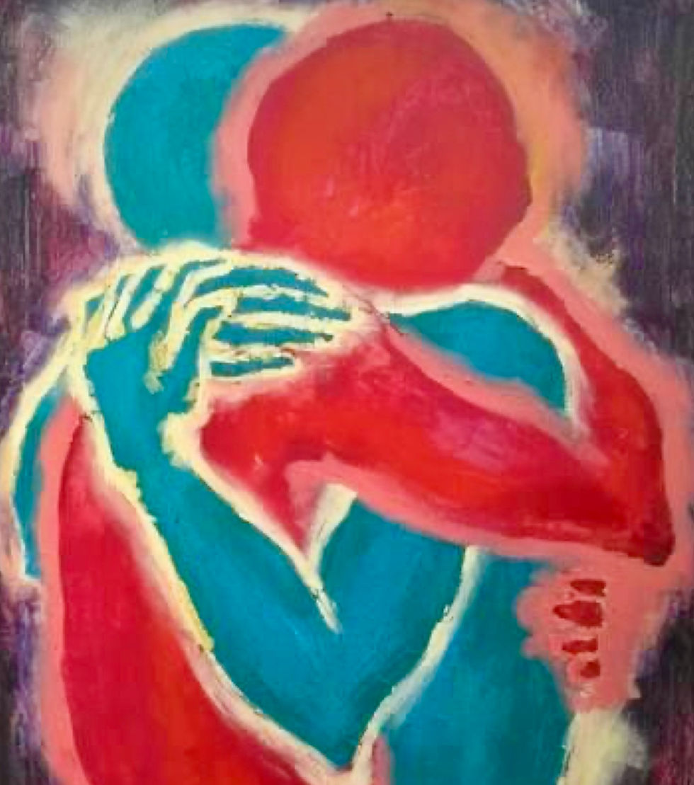 red human figure embracing teal human figure, abstract art, artist unknown