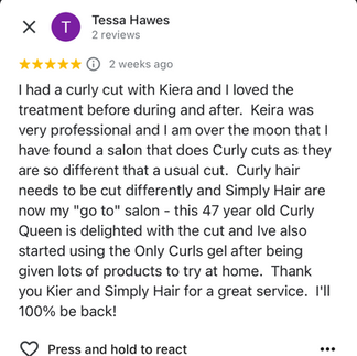 5 Star Review for Curly Cut at Simply Hair Chelmsford Essex