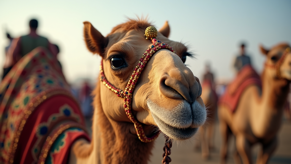Close-up view of decorated camel at Pushkar Fair
