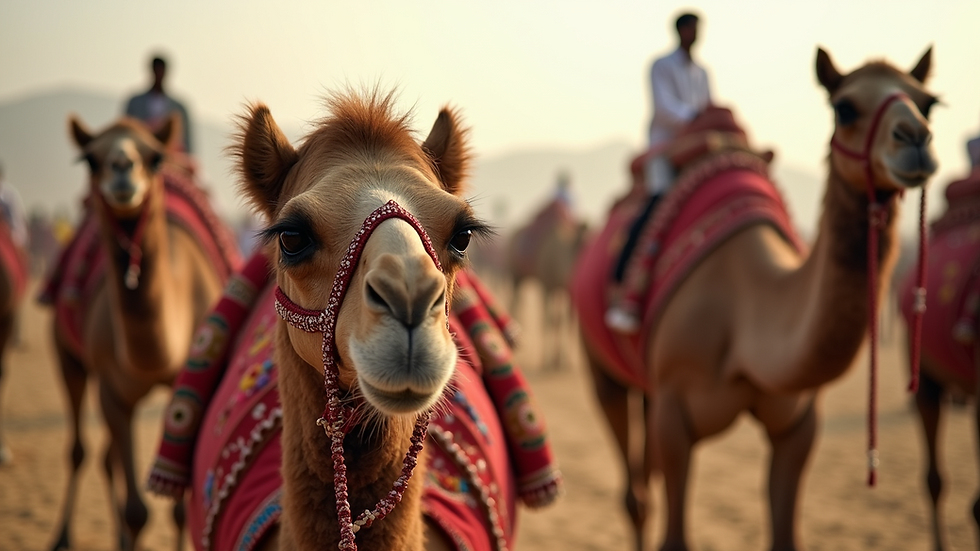 Eye-level view of decorated camels at Pushkar Camel Fair