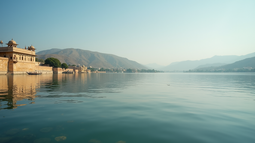Wide angle view of Lake Pichola with City Palace in the background
