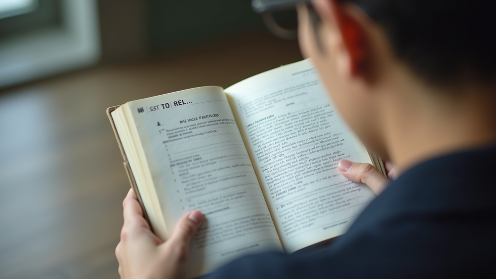 Close-up view of a person reading a TOEIC practice book with notes