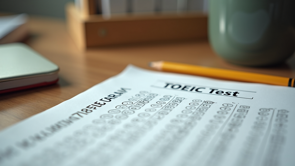 Eye-level view of a TOEIC test paper and pencil on a wooden desk
