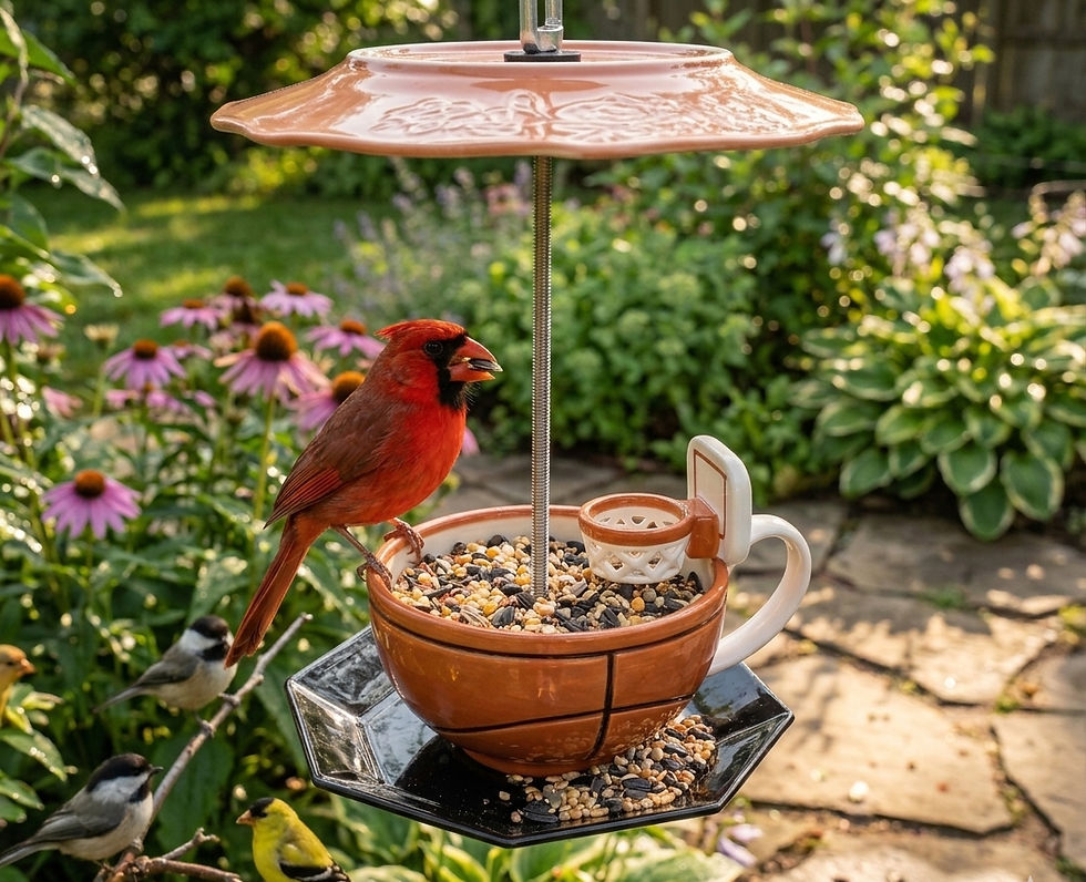 Whimsical basketball-themed bird feeder with a miniature hoop backboard, hanging in a lush garden with a Cardinal perched