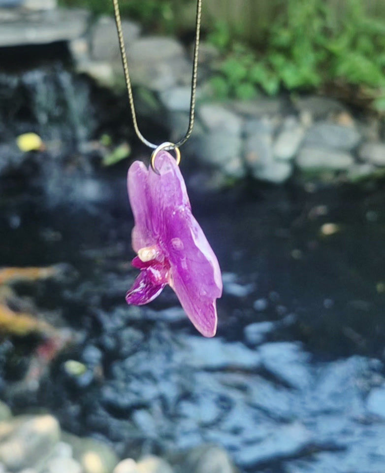 Thumbnail: a video of a purple orchid pendant dangling over a koi fish pond