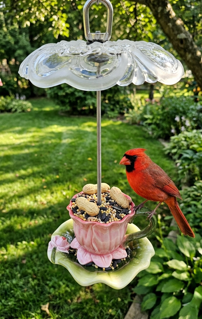 A pink rose-shaped teacup bird feeder hanging in a garden with a male Northern Cardinal perched on the handle eating seeds.