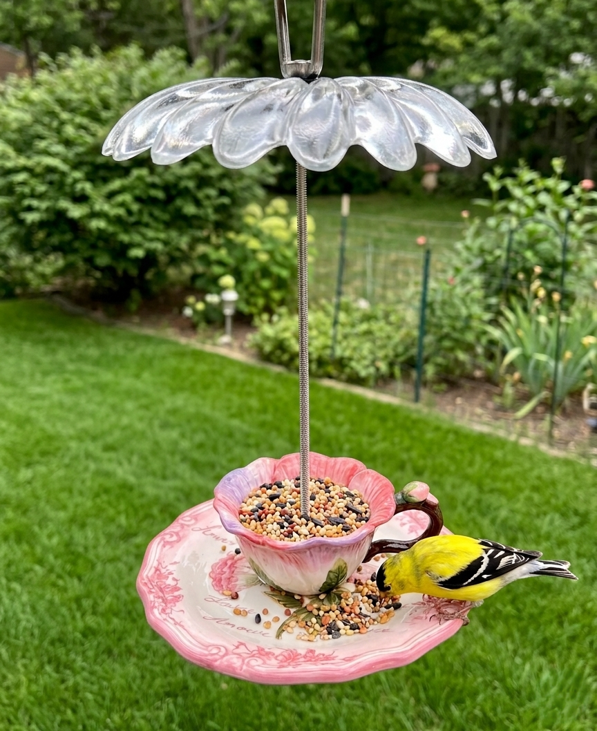 Handcrafted vintage-style teacup and saucer bird feeder with floral patterns and 'Amour' script, hanging in a lush backyard