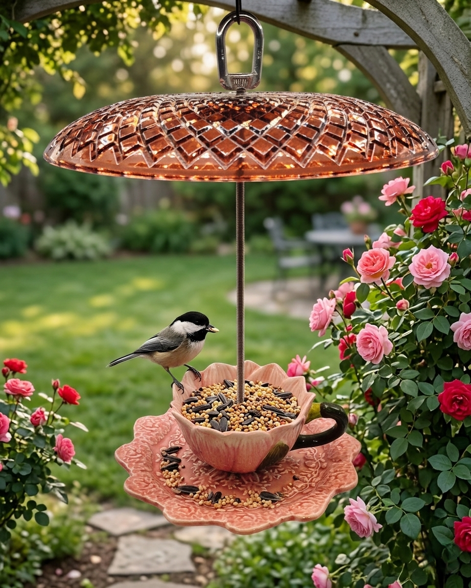 Whimsical teacup-and-saucer bird feeder hangs in a lush garden. A small Black-capped Chickadee is perched on the edge .