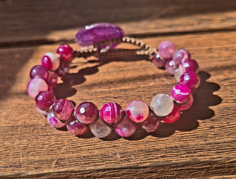 A side-angle perspective of the double-strand, faceted agate beaded bracelet featuring the unique resin button clasp