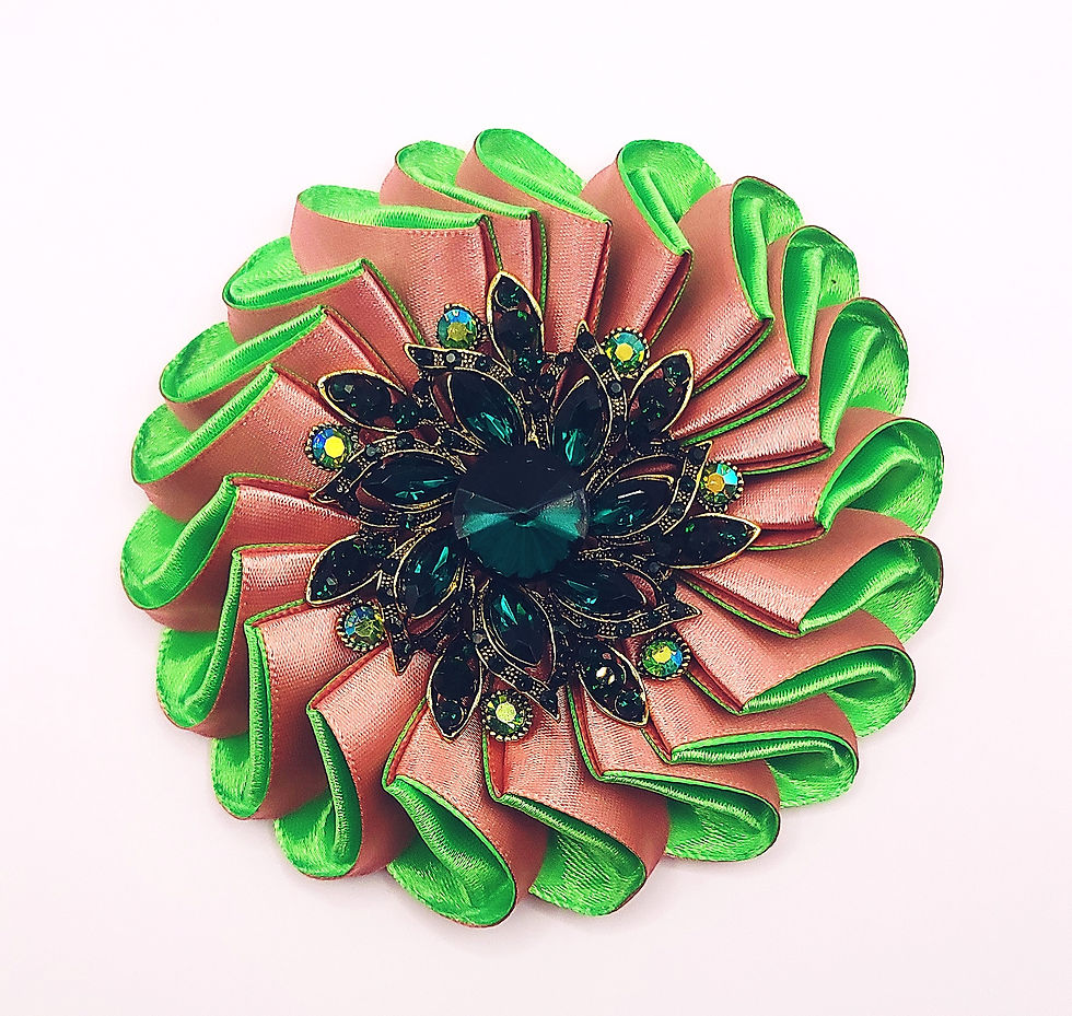 Thumbnail: Handmade salmon pink and apple green ribbon brooch with crystal centerpiece, satin and felt statement accessory