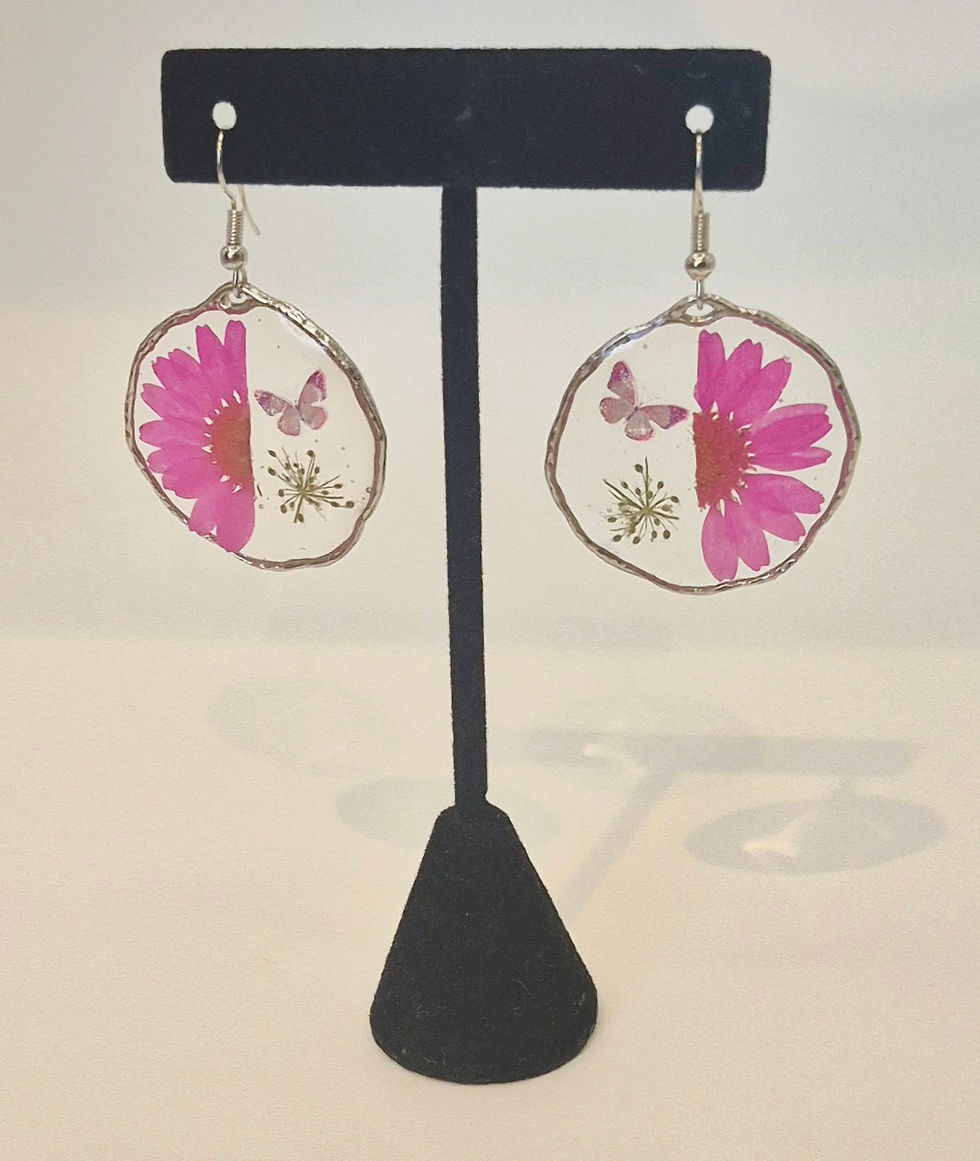 Thumbnail: A pair of lightweight, handmade earrings featuring pressed pink flowers and a butterfly accent