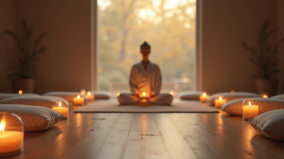 Eye-level view of a calm meditation space with candles and cushions