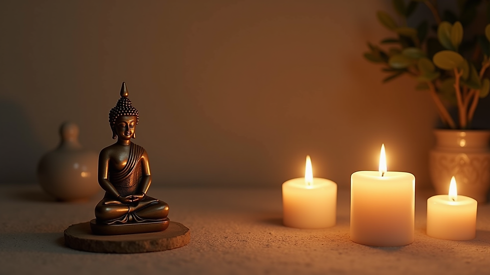 Close-up view of a meditation space with candles and a small statue