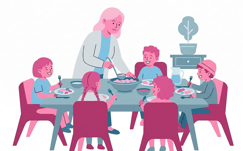 a lady feeding four children at a table