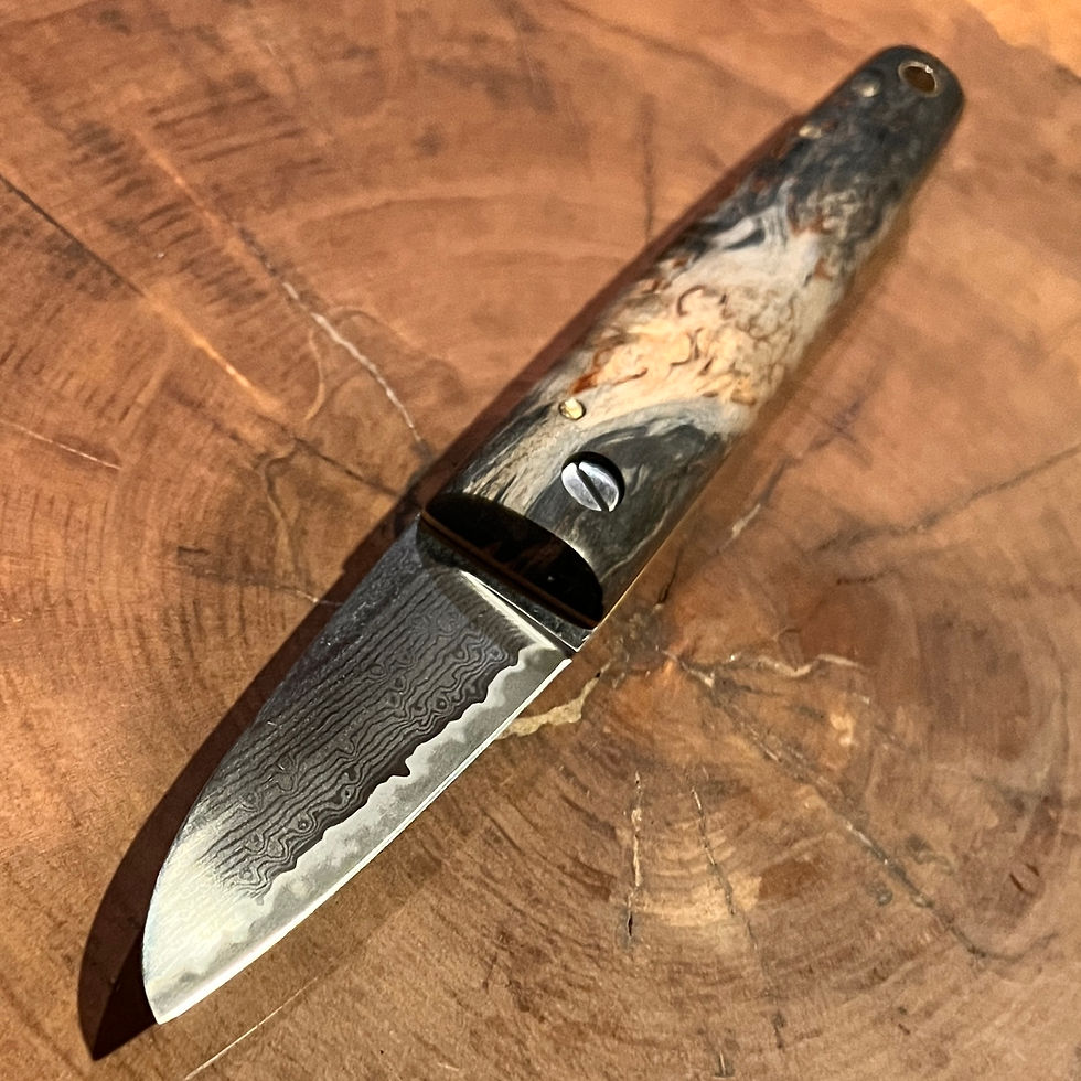 Thumbnail: 3" Raindrop Damascus Hunter Dyed Karelian Birch Friction Folder Max #372