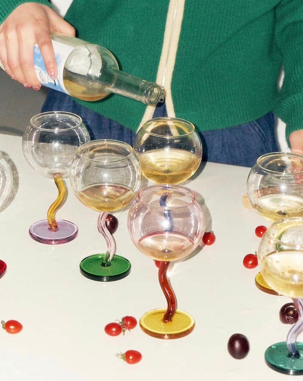 Thumbnail: Handblown Bubble Wine Glass - Retro Whimsical Eclectic Wavy Stemmed