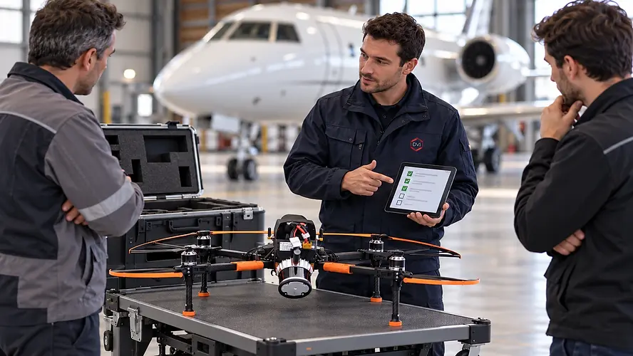 Illustration IA / AI illustration : Mise à disposition du drone IRIS GVI et accompagnement sur site client. / IRIS GVI drone deployment and briefing at a client site.