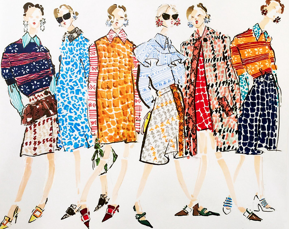A fashion illustration collection with designer clothing sketched on paper