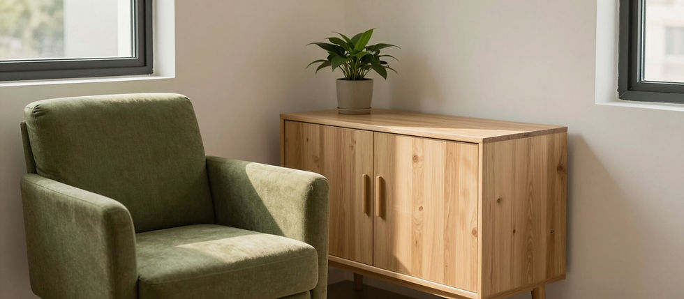 Green armchair, wooden cabinet, and potted plant where anxiety treatment happens