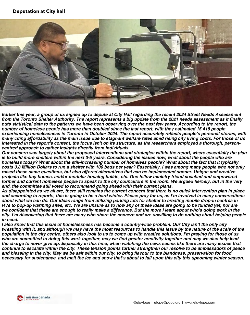 Community advocate presenting concerns about homelessness at Toronto City Hall during public deputation.