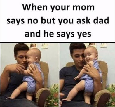 child asking dad after mum says no as a humorous reference to garnishing a bank account when a debtor says no