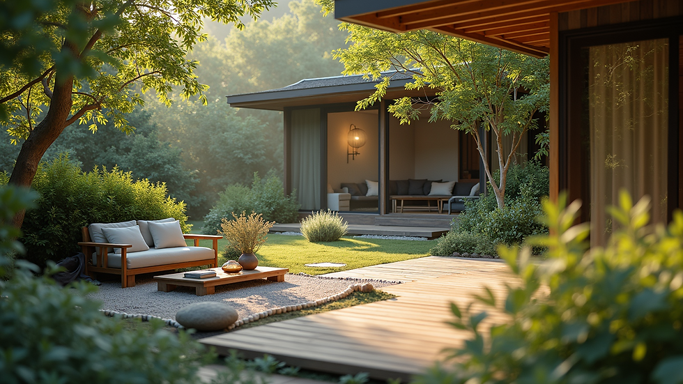 Close-up view of a serene outdoor retreat area surrounded by nature