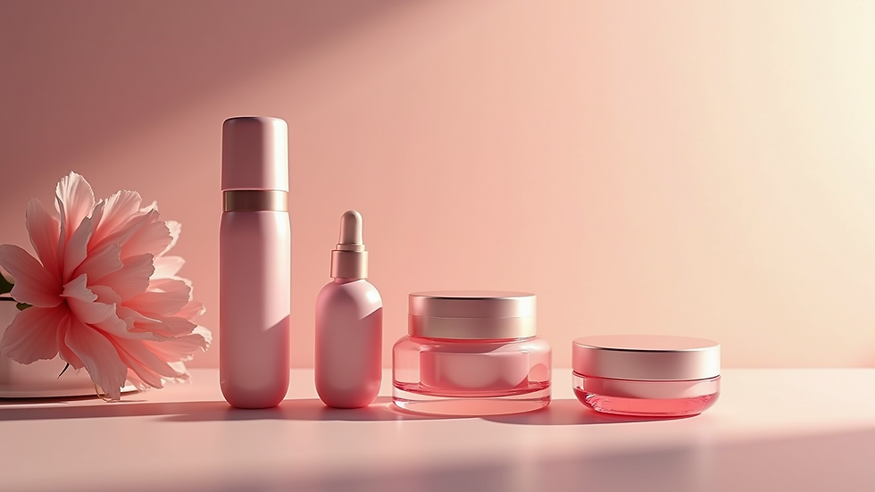 High-angle view of beauty products displayed elegantly