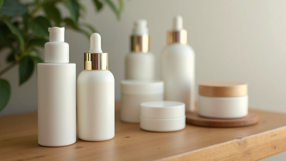 Close-up view of skincare products arranged on a wooden surface