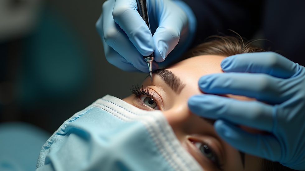 Close-up view of a brow technician performing a microblading removal procedure