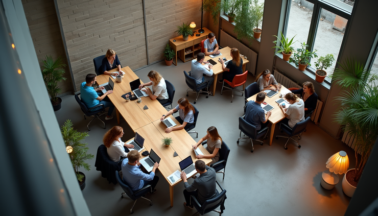 High angle view of a modern coworking space with people working on laptops