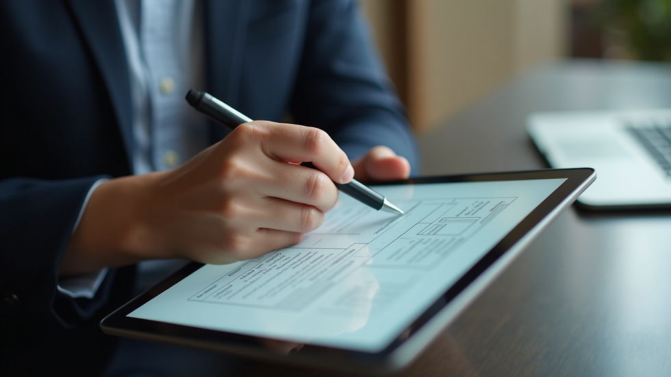 High angle view of a person filling out an online form on a tablet