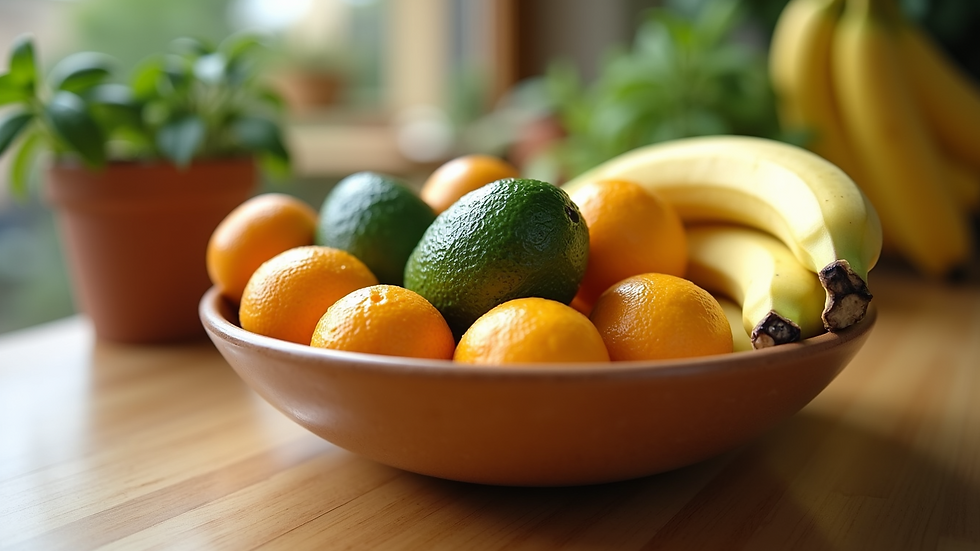 Eye-level view of a colorful fruit bowl with avocados and bananas