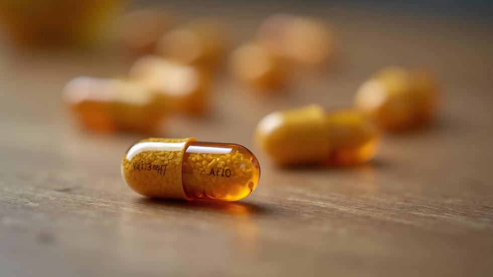 Close-up view of vitamin B12 capsules on a wooden surface