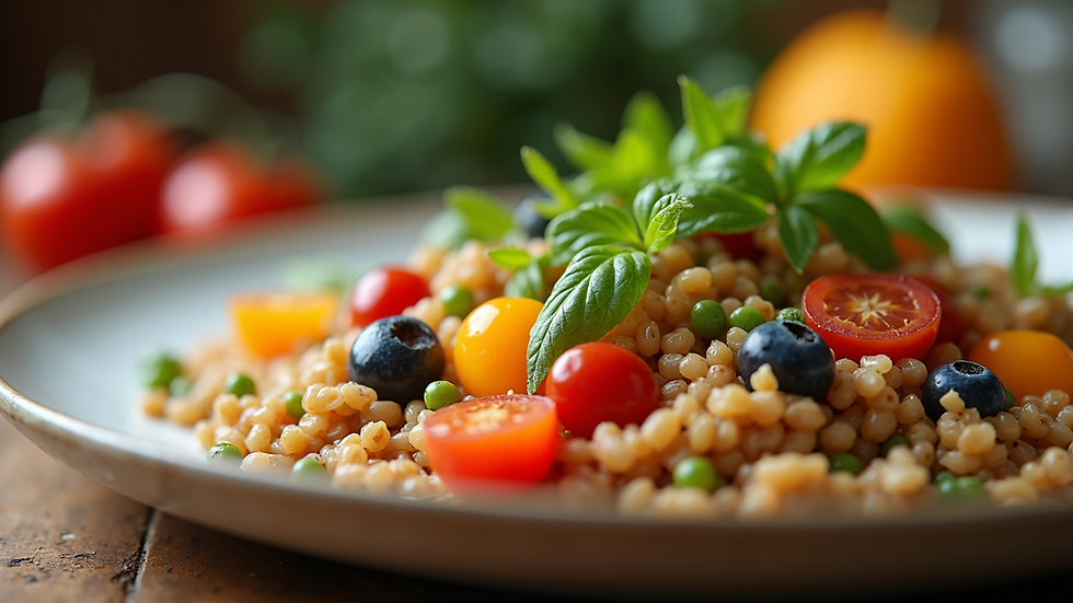 Close-up view of a colorful tailored meal with vegetables and grains
